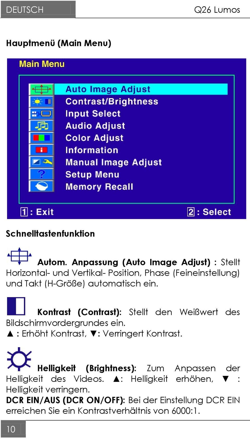 Kontrast (Contrast): Stellt den Weißwert des Bildschirmvordergrundes ein. : Erhöht Kontrast, : Verringert Kontrast.