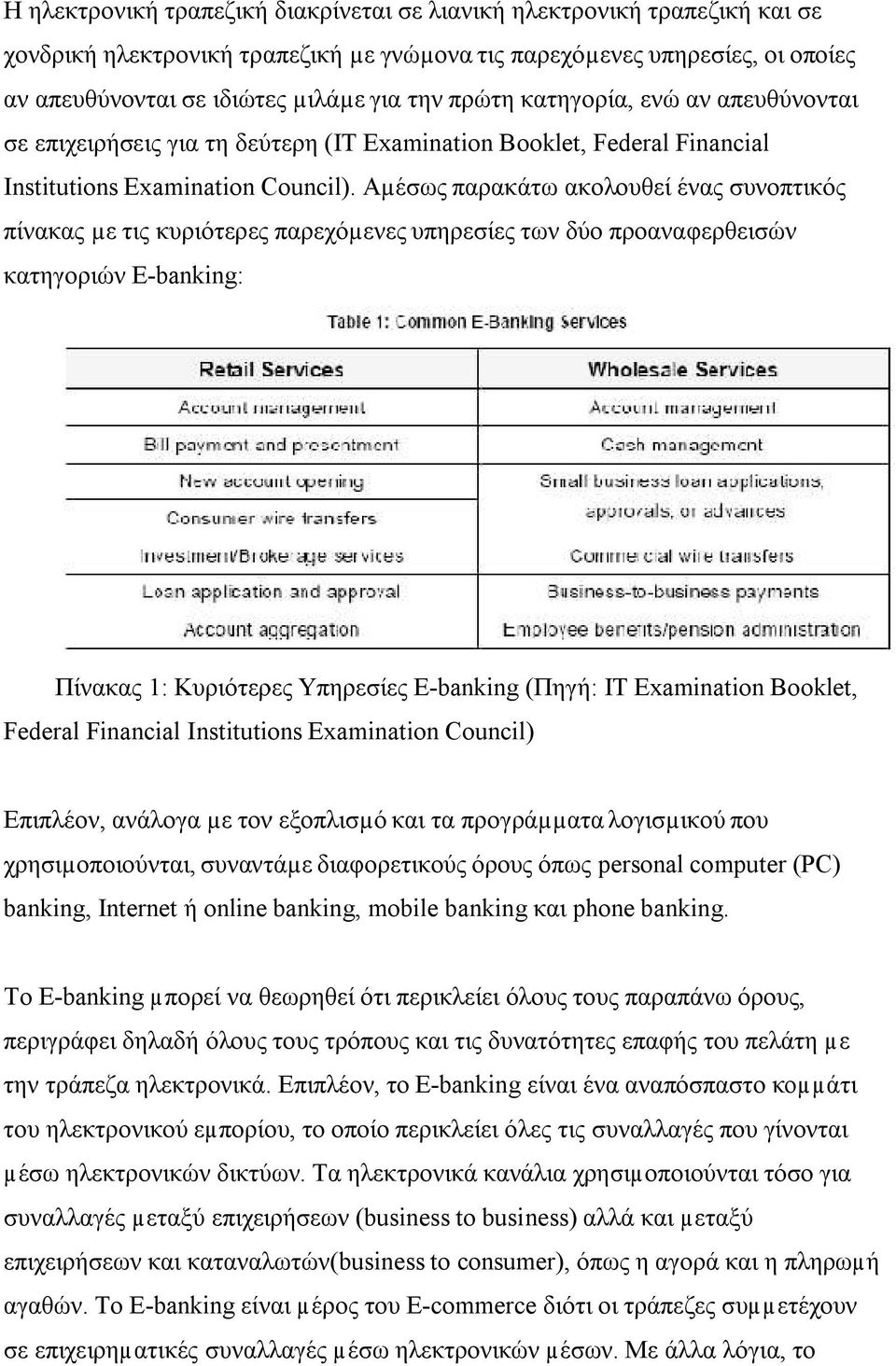 Αµέσως παρακάτω ακολουθεί ένας συνοπτικός πίνακας µε τις κυριότερες παρεχόµενες υπηρεσίες των δύο προαναφερθεισών κατηγοριών Ε-banking: Πίνακας 1: Κυριότερες Υπηρεσίες E-banking (Πηγή: IT Examination