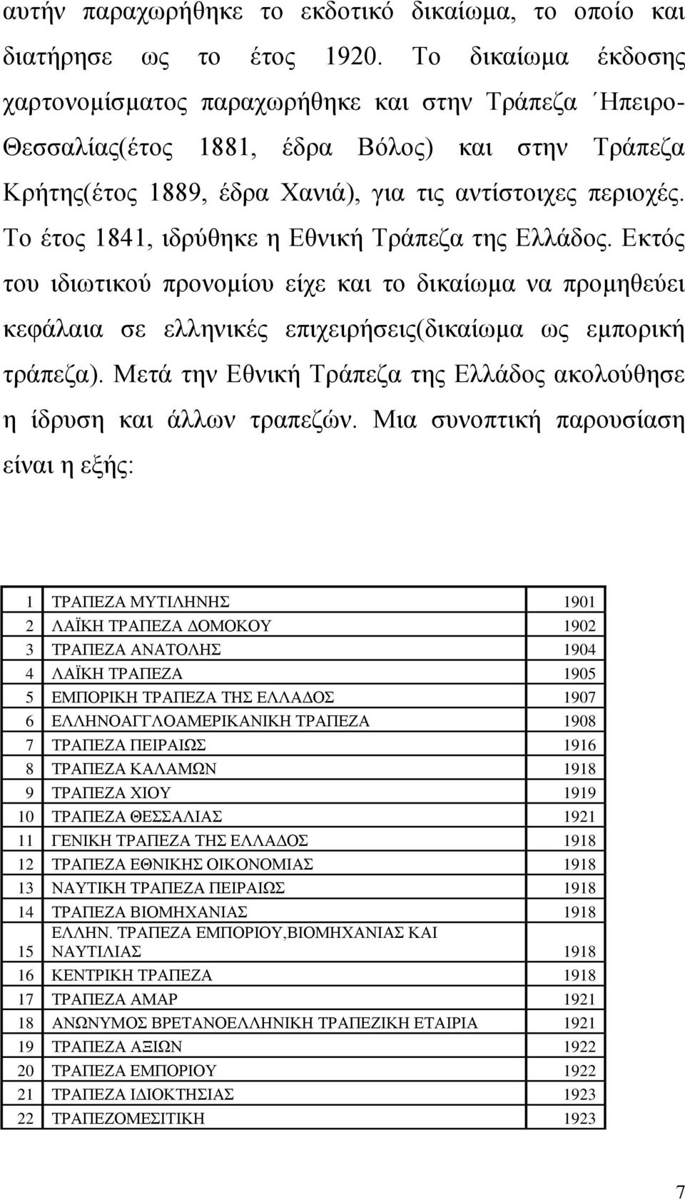 Το έτος 1841, ιδρύθηκε η Εθνική Τράπεζα της Ελλάδος. Εκτός του ιδιωτικού προνομίου είχε και το δικαίωμα να προμηθεύει κεφάλαια σε ελληνικές επιχειρήσεις(δικαίωμα ως εμπορική τράπεζα).