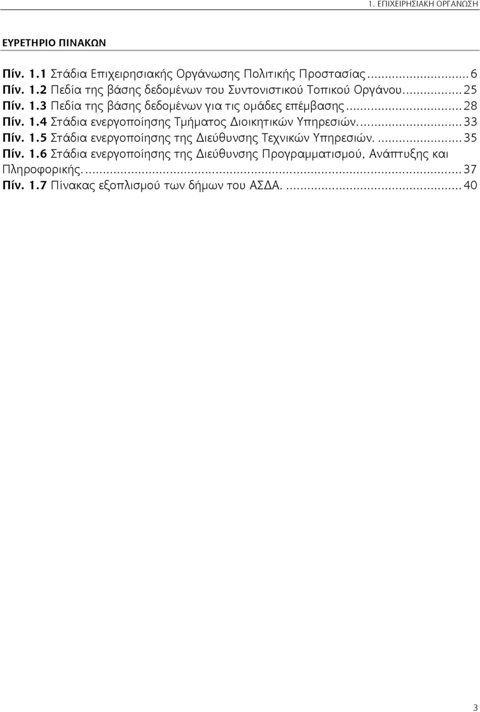 ... 33 Πίν. 1.5 Στάδια ενεργοποίησης της Διεύθυνσης Τεχνικών Υπηρεσιών.... 35 Πίν. 1.6 Στάδια ενεργοποίησης της Διεύθυνσης Προγραμματισμού, Ανάπτυξης και Πληροφορικής.