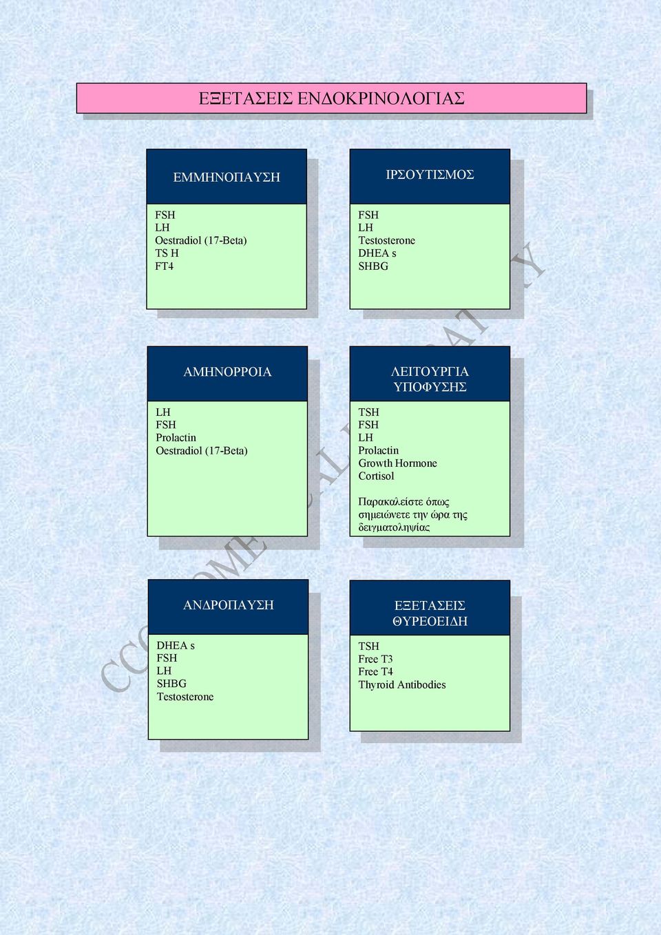 FSH LH Prolactin Growth Hormone Cortisol Παρακαλείστε όπως σηµειώνετε την ώρα της δειγµατοληψίας