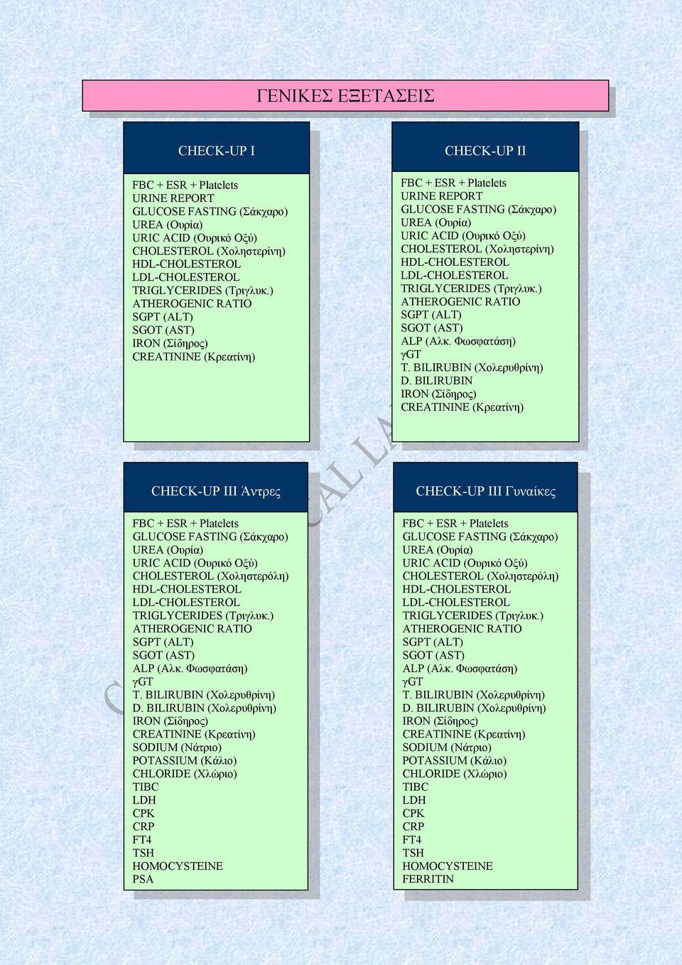 ) ATHEROGENIC RATIO SGPT (ALT) SGOT (AST) IRON (Σίδηρος) CREATININE (Κρεατίνη) CHECK-UP II FBC + ESR + Platelets URINE REPORT GLUCOSE FASTING (Σάκχαρο) UREA (Ουρία) URIC ACID (Ουρικό Οξύ) CHOLESTEROL