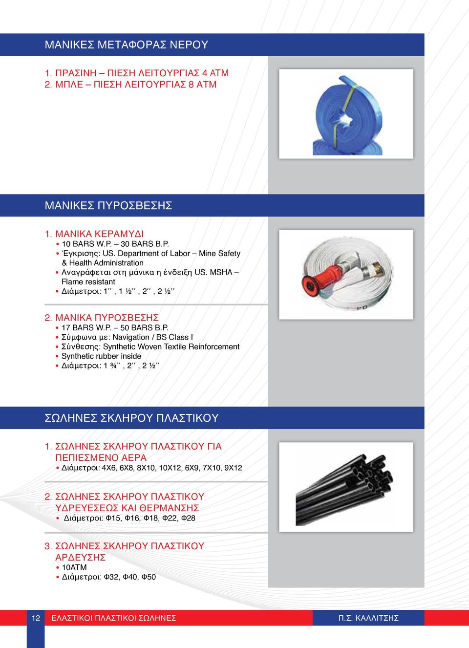 50 BARS B.P. Σύμφωνα με: Navigation / BS Class I Σύνθεσης: Synthetic Woven Textile Reinforcement Synthetic rubber inside Διάμετροι: 1 ¾, 2, 2 ½ ΣΩΛΗΝΕΣ ΣΚΛΗΡΟΥ ΠΛΑΣΤΙΚΟΥ 1.