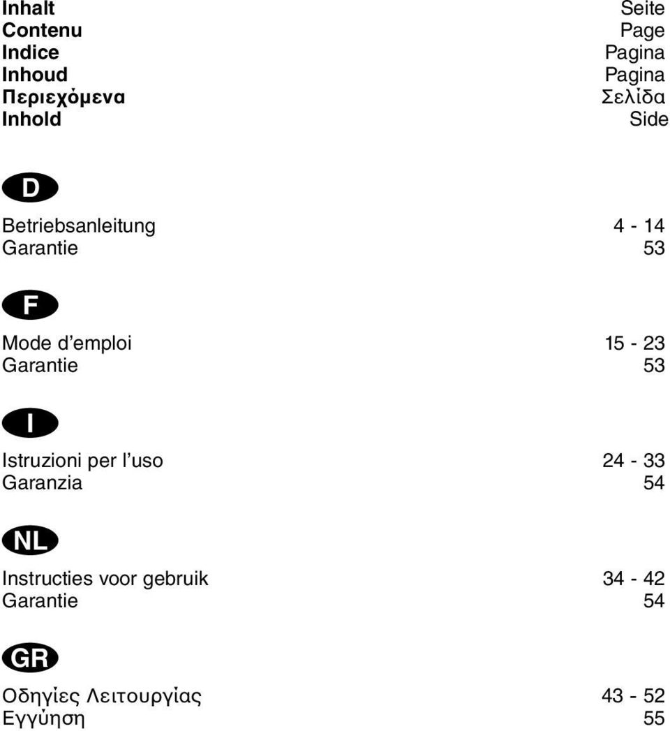 emploi 15-23 Garantie 53 I Istruzioni per l uso 24-33 Garanzia 54 N