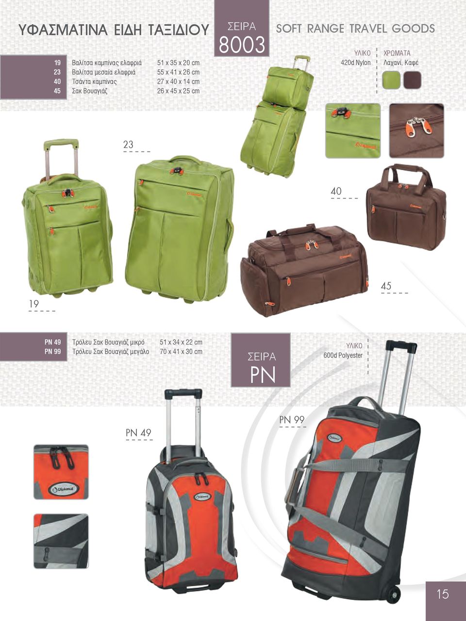 cm 8003 SOFT RANGE TRAVEL GOODS 420d Nylon Λαχανί, Καφέ 23 40 19 45 PN 49 PN 99 Τρόλευ Σακ