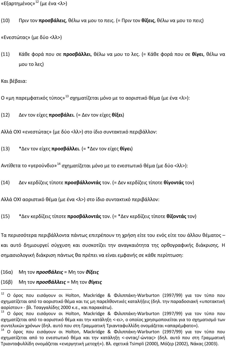 (= Δεν τον είχες θίξει) Αλλά ΟΧΙ «ενεστώτας» (με δύο <λλ>) στο ίδιο συντακτικό περιβάλλον: (13) *Δεν τον είχες προσβάλλει.