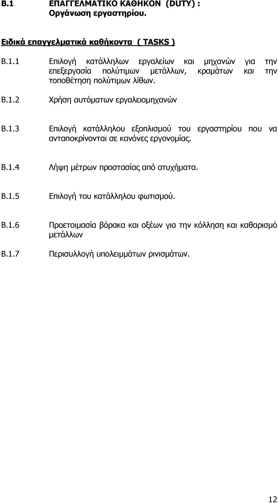 Β.1.5 Επιλογή του κατάλληλου φωτισμού. Β.1.6 Β.1.7 Προετοιμασία βόρακα και οξέων για την κόλληση και καθαρισμό μετάλλων Περισυλλογή υπολειμμάτων ρινισμάτων.