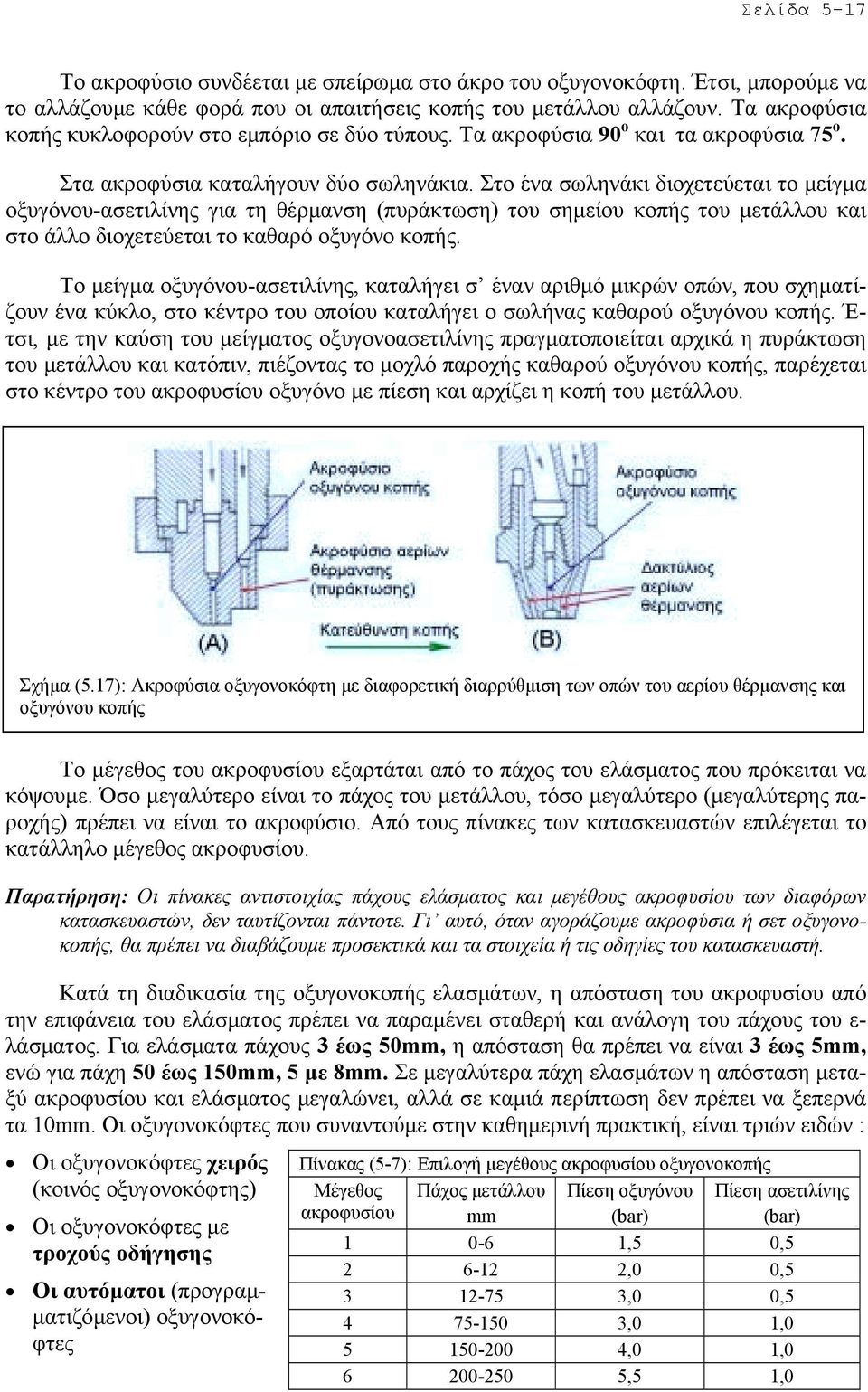 Στο ένα σωληνάκι διοχετεύεται το µείγµα οξυγόνου-ασετιλίνης για τη θέρµανση (πυράκτωση) του σηµείου κοπής του µετάλλου και στο άλλο διοχετεύεται το καθαρό οξυγόνο κοπής.