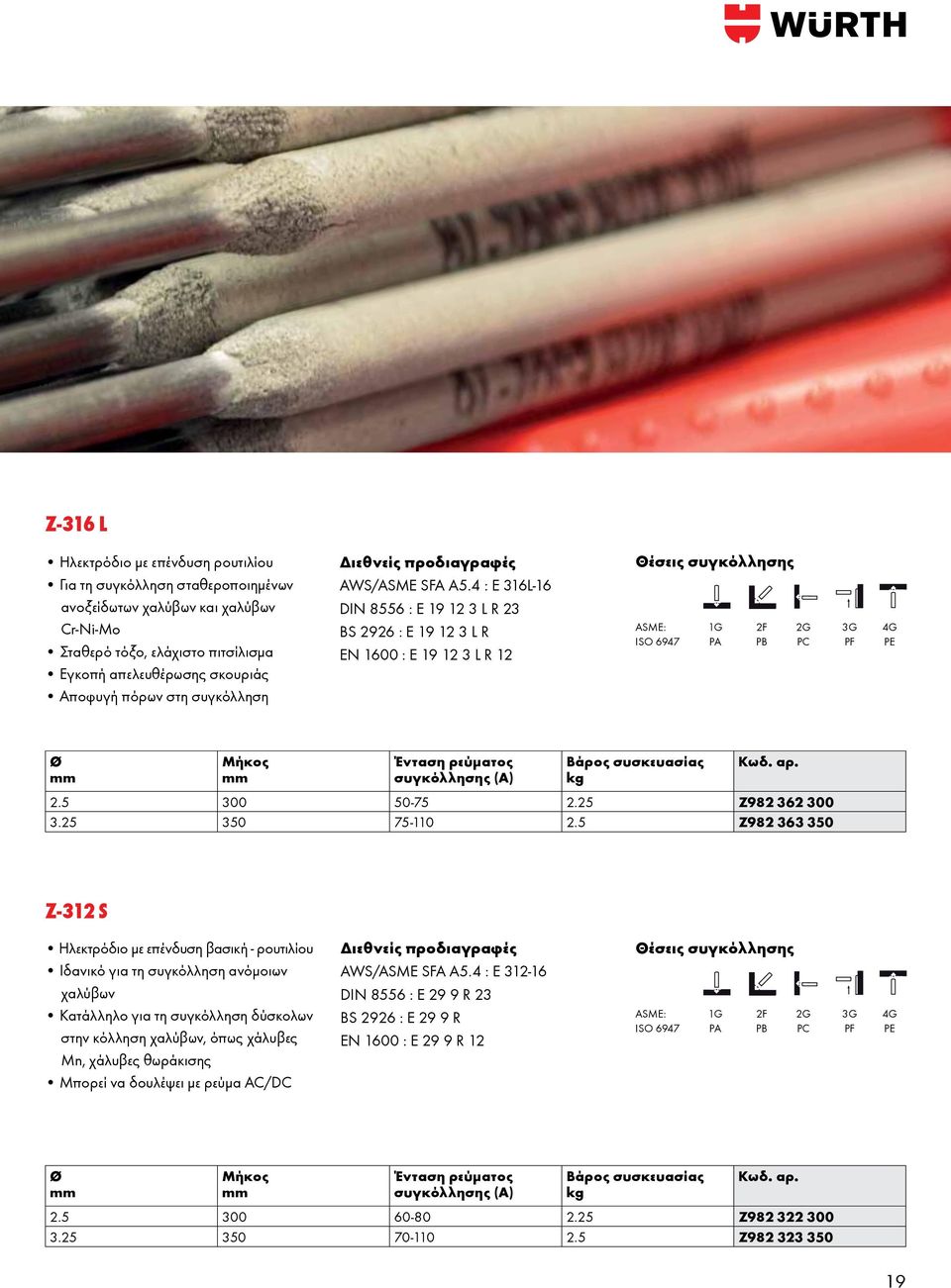 4 : E 316L-16 DIN 8556 : E 19 12 3 L R 23 BS 2926 : E 19 12 3 L R EN 1600 : E 19 12 3 L R 12 Θέσεις συγκόλλησης ΑSME: 1G 2F 2G 3G 4G ISO 6947 PA PB PC PF PE Ø Μήκος Ένταση ρεύματος συγκόλλησης (Α)