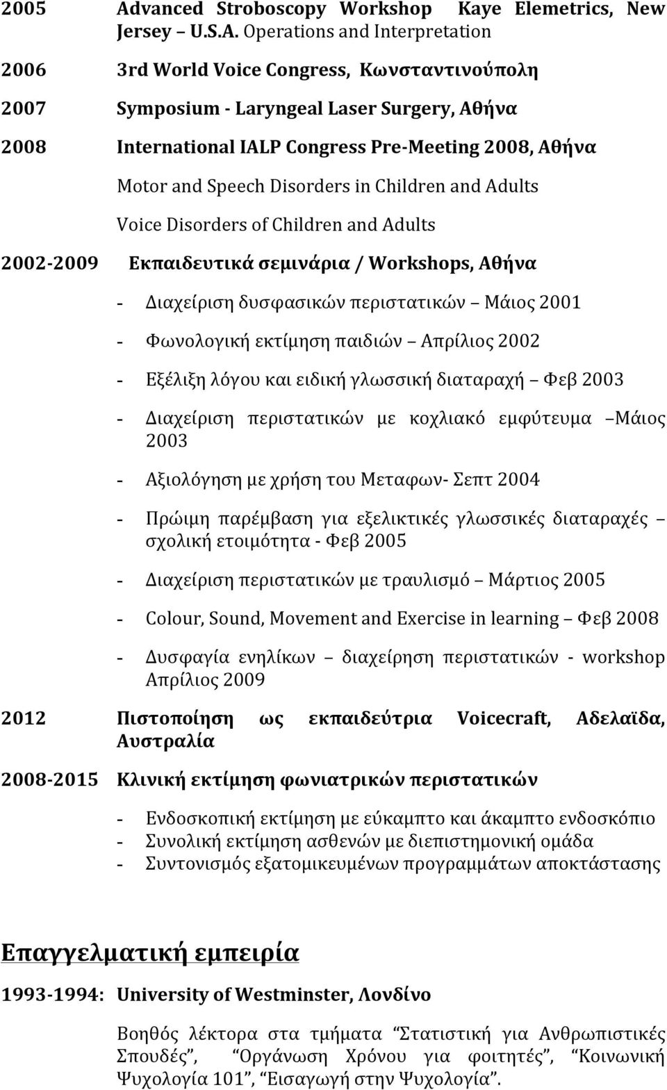 Operations and Interpretation 2006 3rd World Voice Congress, Κωνσταντινούπολη 2007 Symposium - Laryngeal Laser Surgery, Αθήνα 2008 International IALP Congress Pre- Meeting 2008, Αθήνα Motor and