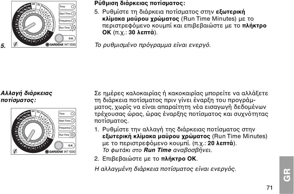 Αλλαγή διάρκειας ποτίσματος: Σε ημέρες καλοκαιρίας ή κακοκαιρίας μπορείτε να αλλάξετε τη διάρκεια ποτίσματος πριν γίνει έναρξη του προγράμματος, χωρίς να είναι απαραίτητη νέα εισαγωγή δεδομένων