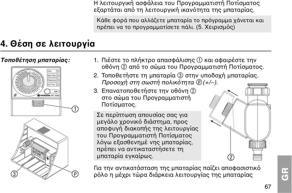 Πιέστε το πλήκτρο απασφάλισης 1 και αφαιρέστε την οθόνη 2 από το σώμα του Προγραμματιστή Ποτίσματος. 2. Τοποθετήστε τη μπαταρία 3 στην υποδοχή μπαταρίας. Προσοχή στη σωστή πολικότητα P (+/ ). 3. Επανατοποθετήστε την οθόνη 2 στο σώμα του Προγραμματιστή Ποτίσματος.