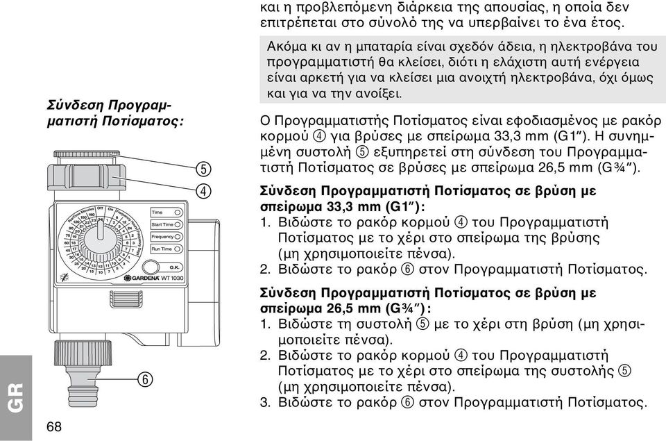 ανοίξει. Ο Προγραμματιστής Ποτίσματος είναι εφοδιασμένος με ρακόρ κορμού 4 για βρύσες με σπείρωμα 33,3 mm (G1 ).