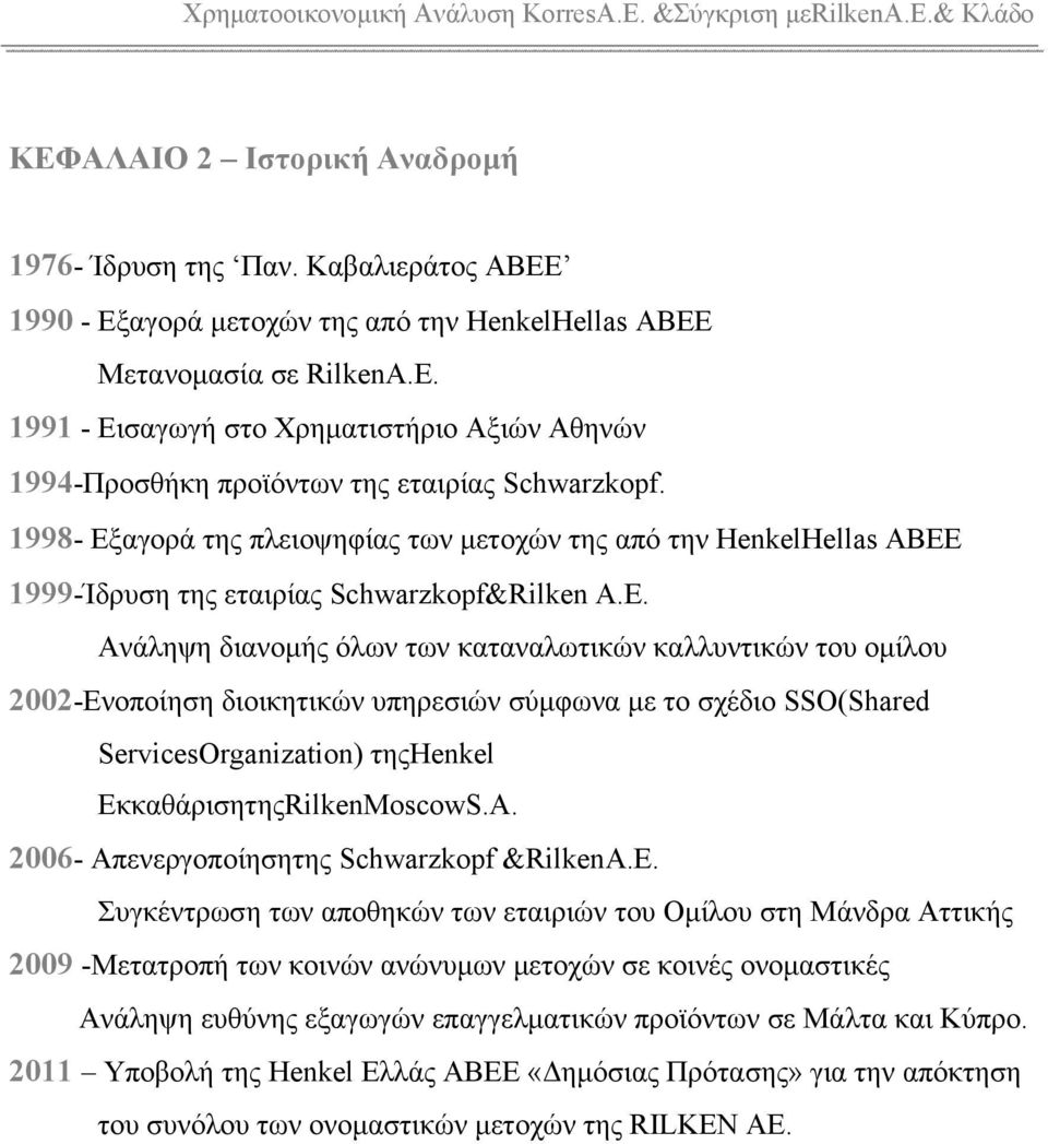 1998- Εξαγορά της πλειοψηφίας των μετοχών της από την HenkelHellas ΑΒΕΕ 1999-Ίδρυση της εταιρίας Schwarzkopf&Rilken Α.Ε. Ανάληψη διανομής όλων των καταναλωτικών καλλυντικών του ομίλου 2002-Ενοποίηση διοικητικών υπηρεσιών σύμφωνα με το σχέδιο SSO(Shared ServicesOrganization) τηςhenkel ΕκκαθάρισητηςRilkenMoscowS.