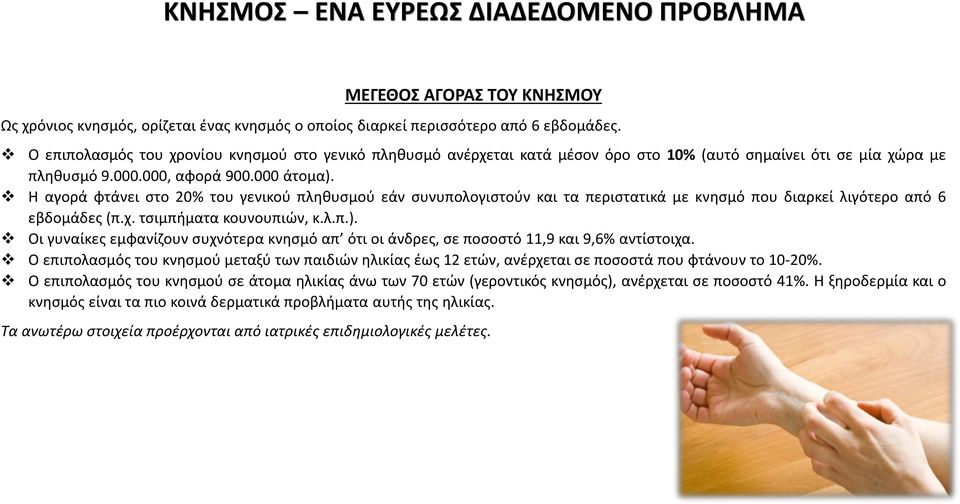 Η αγορά φτάνει στο 20% του γενικού πληθυσμού εάν συνυπολογιστούν και τα περιστατικά με κνησμό που διαρκεί λιγότερο από 6 εβδομάδες (π.χ. τσιμπήματα κουνουπιών, κ.λ.π.).