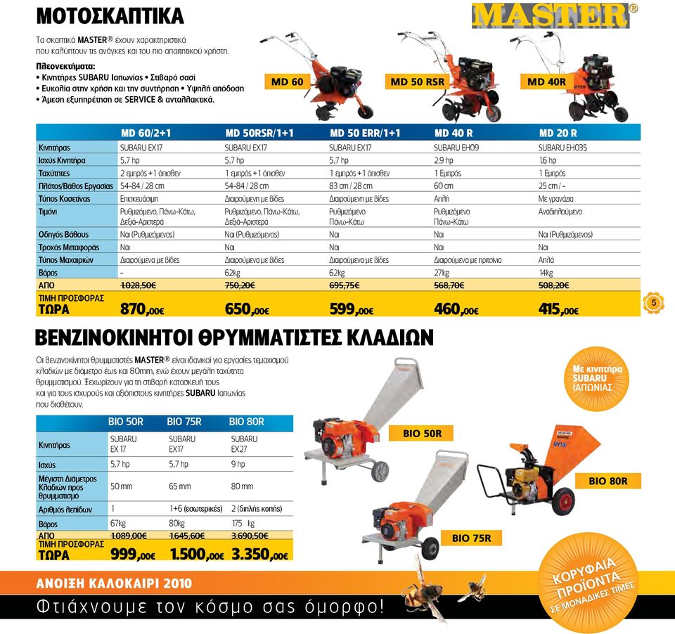 MD 60 MD 50 RSR MD 40R MD 60/2+1 MD 50RSR/1+1 MD 50 ERR/1+1 MD 40 R MD 20 R Κινητήρας SUBARU EX17 SUBARU EX17 SUBARU EX17 SUBARU EH09 SUBARU EH035 Ισχύς Κινητήρα 5,7 hp 5,7 hp 5,7 hp 2,9 hp 1,6 hp