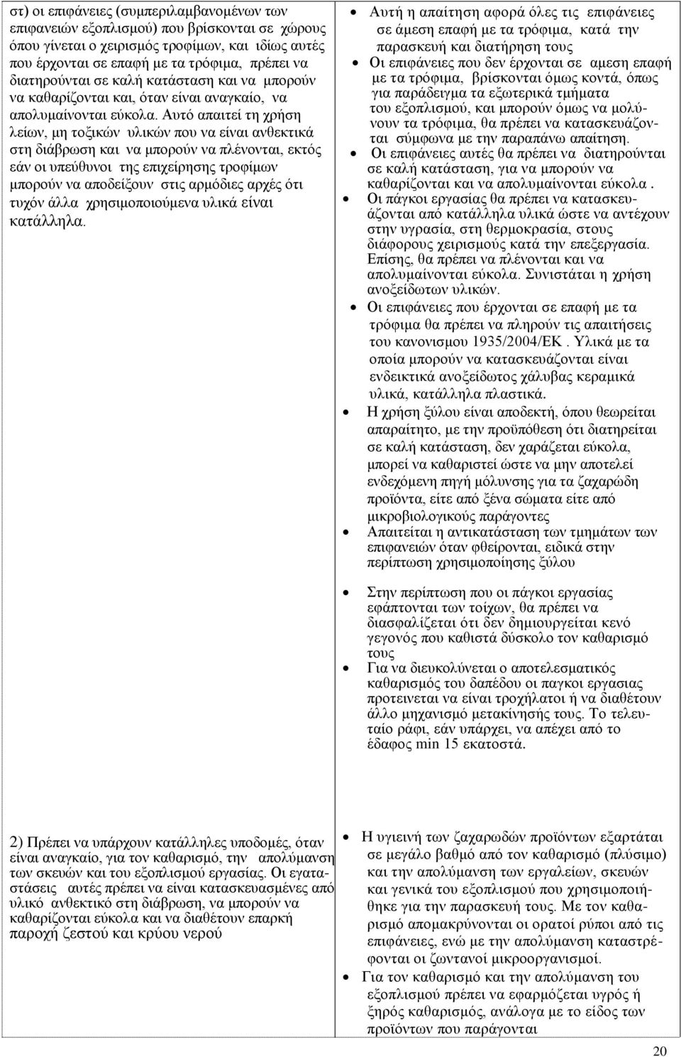 Αυτό απαιτεί τη χρήση λείων, μη τοξικών υλικών που να είναι ανθεκτικά στη διάβρωση και να μπορούν να πλένονται, εκτός εάν οι υπεύθυνοι της επιχείρησης τροφίμων μπορούν να αποδείξουν στις αρμόδιες