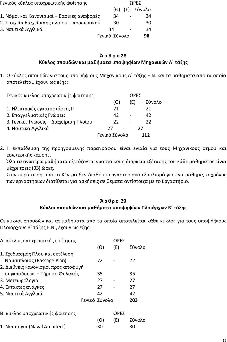 Ηλεκτρικές εγκαταστάσεις ΙΙ 21-21 2. Επαγγελματικές Γνώσεις 42-42 3. Γενικές Γνώσεις Διαχείριση Πλοίου 22-22 4. Ναυτικά Αγγλικά 27-27 Γενικό Σύνολο 112 2.