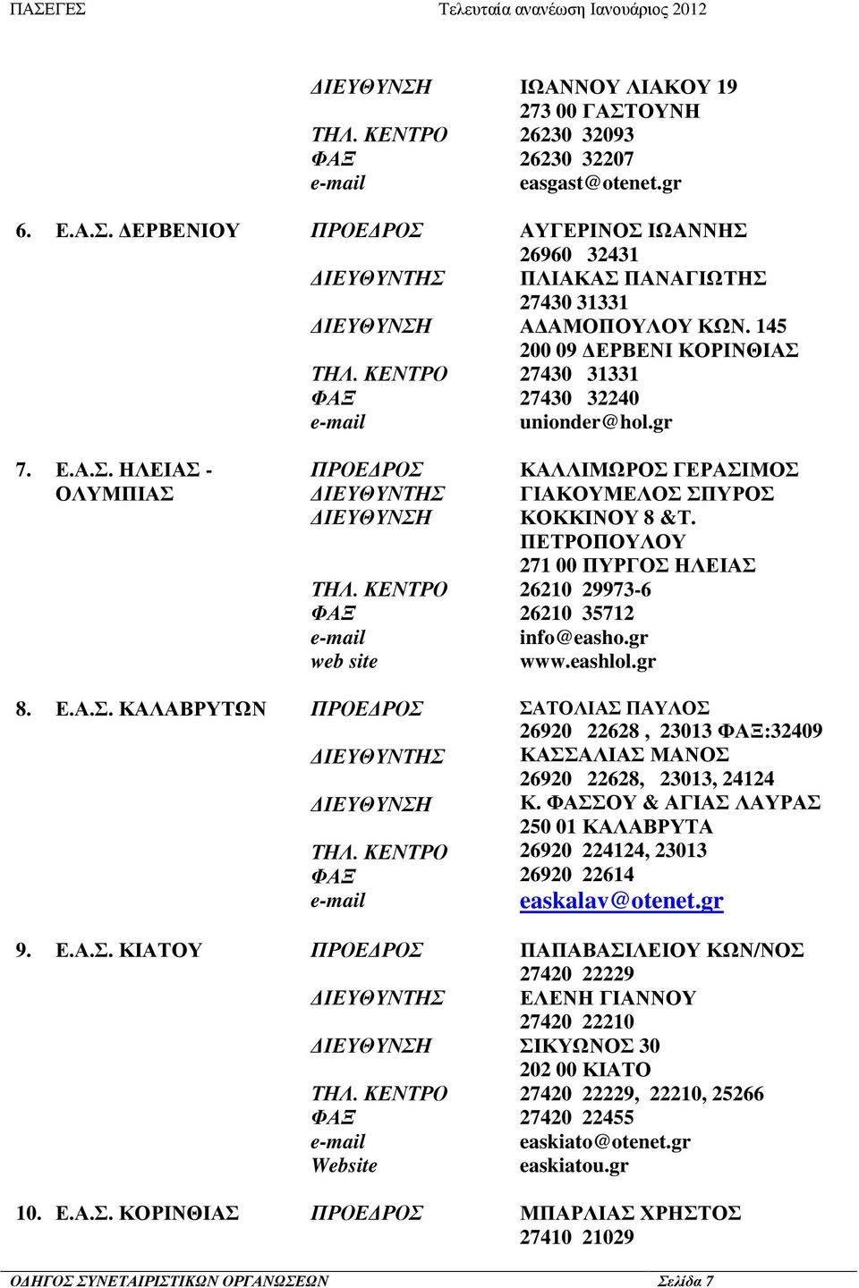 ΠΕΤΡΟΠΟΥΛΟΥ 271 00 ΠΥΡΓΟΣ ΗΛΕΙΑΣ 26210 29973-6 26210 35712 info@easho.gr www.eashlol.gr 8. Ε.Α.Σ. ΚΑΛΑΒΡΥΤΩΝ 9. Ε.Α.Σ. ΚΙΑΤΟΥ Website ΣΑΤΟΛΙΑΣ ΠΑΥΛΟΣ 26920 22628, 23013 :32409 ΚΑΣΣΑΛΙΑΣ ΜΑΝΟΣ 26920 22628, 23013, 24124 Κ.