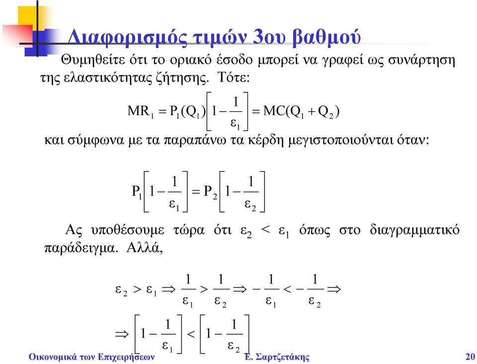 Τότε: MR = P (Q ) = MC(Q + Q) ε και σύμφωνα με τα παραπάνω τα κέρδη