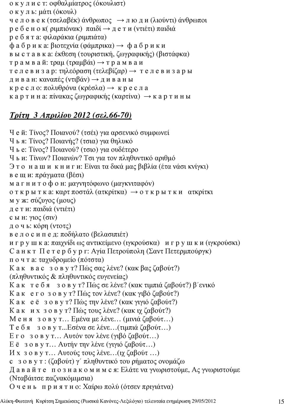 τηλεόραση (τελεβίζαρ) т е л е в и з а р ы д и в а н: καναπές (ντιβάν) д и в а н ы к р е с л о: πολυθρόνα (κρέσλα) к р е с л а к а р т и н а: πίνακας ζωγραφικής (καρτίνα) к а р т и н ы Τρίτη 3