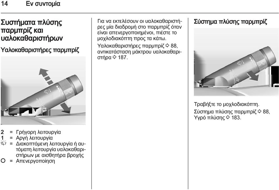 Υαλοκαθαριστήρες παρμπρίζ 3 88, αντικατάσταση μάκτρου υαλοκαθαριστήρα 3 187. Σύστημα πλύσης παρμπρίζ Τραβήξτε το μοχλοδιακόπτη.