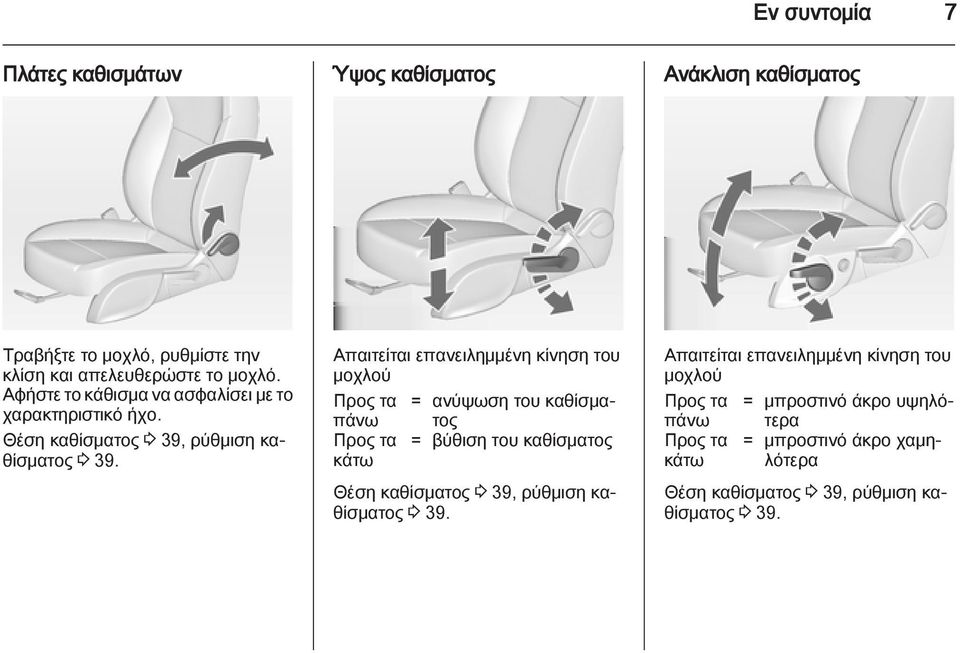 πάνω Προς τα κάτω Απαιτείται επανειλημμένη κίνηση του μοχλού Προς τα = ανύψωση του καθίσματος = βύθιση του καθίσματος Θέση καθίσματος 3 39,
