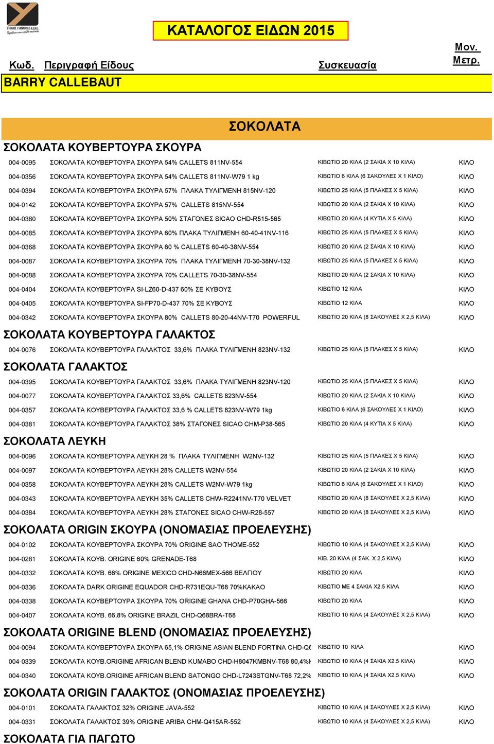 kg ΚΙΒΩΤΙΟ 6 ΚΙΛΑ (6 ΣΑΚΟΥΛΕΣ Χ 1 ΚΙΛΟ) ΚΙΛΟ 004-0394 ΣΟΚΟΛΑΤΑ ΚΟΥΒΕΡΤΟΥΡΑ ΣΚΟΥΡΑ 57% ΠΛΑΚΑ ΤΥΛΙΓΜΕΝΗ 815ΝV-120 ΚΙΒΩΤΙΟ 25 ΚΙΛΑ (5 ΠΛΑΚΕΣ X 5 ΚΙΛΑ) ΚΙΛΟ 004-0142 ΣΟΚΟΛΑΤΑ ΚΟΥΒΕΡΤΟΥΡΑ ΣΚΟΥΡΑ 57%