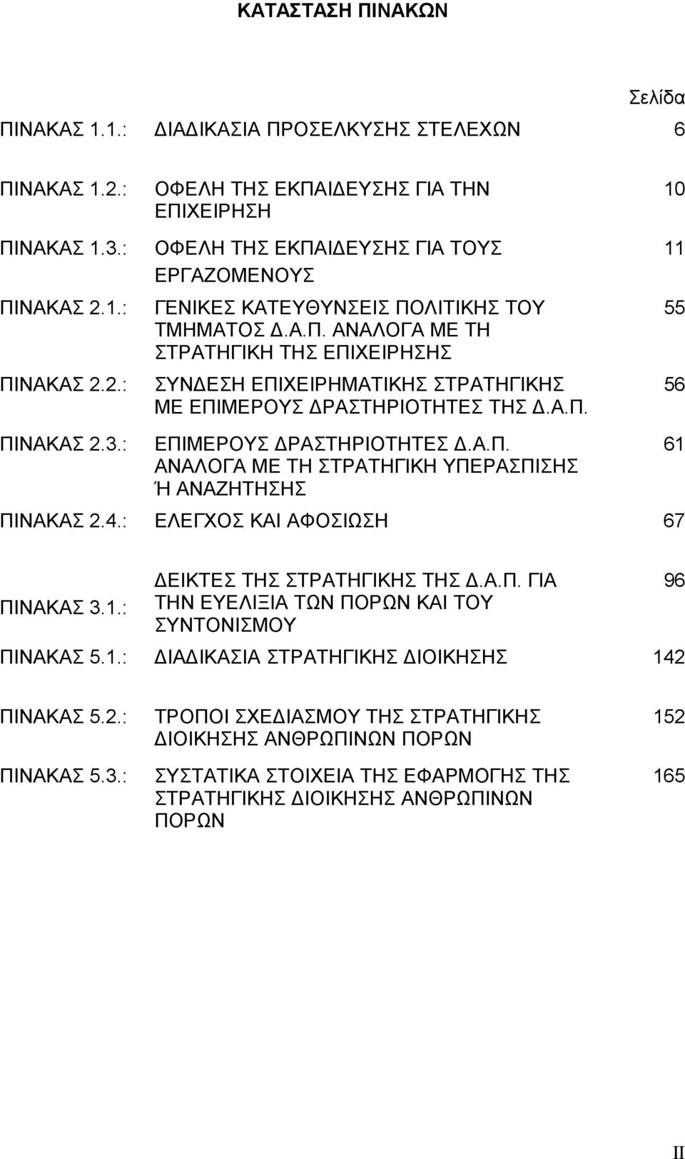 Α.Π. 10 11 55 56 ΠΙΝΑΚΑΣ 2.3.: ΕΠΙΜΕΡΟΥΣ ΔΡΑΣΤΗΡΙΟΤΗΤΕΣ Δ.Α.Π. ΑΝΑΛΟΓΑ ΜΕ ΤΗ ΣΤΡΑΤΗΓΙΚΗ ΥΠΕΡΑΣΠΙΣΗΣ Ή ΑΝΑΖΗΤΗΣΗΣ ΠΙΝΑΚΑΣ 2.4.: ΕΛΕΓΧΟΣ ΚΑΙ ΑΦΟΣΙΩΣΗ 67 61 ΠΙΝΑΚΑΣ 3.1.: ΔΕΙΚΤΕΣ ΤΗΣ ΣΤΡΑΤΗΓΙΚΗΣ ΤΗΣ Δ.Α.Π. ΓΙΑ ΤΗΝ ΕΥΕΛΙΞΙΑ ΤΩΝ ΠΟΡΩΝ ΚΑΙ ΤΟΥ ΣΥΝΤΟΝΙΣΜΟΥ ΠΙΝΑΚΑΣ 5.