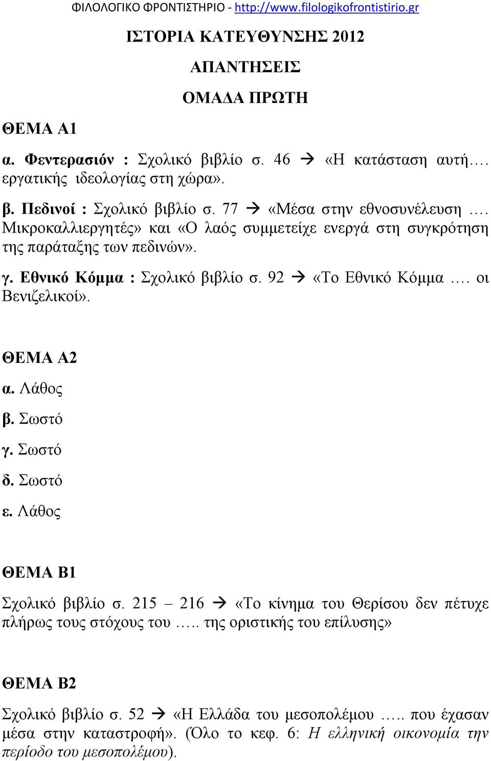 Εθνικό Κόμμα : Σχολικό βιβλίο σ. 92 «Το Εθνικό Κόμμα. οι Βενιζελικοί». ΘΕΜΑ Α2 α. Λάθος β. Σωστό γ. Σωστό δ. Σωστό ε. Λάθος ΘΕΜΑ Β1 Σχολικό βιβλίο σ.