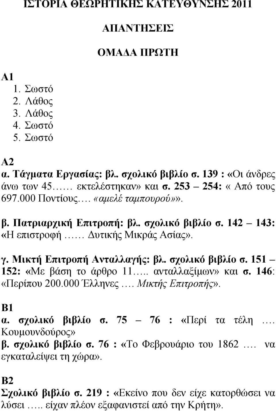 142 143: «Η επιστροφή Δυτικής Μικράς Ασίας». γ. Μικτή Επιτροπή Ανταλλαγής: βλ. σχολικό βιβλίο σ. 151 152: «Με βάση το άρθρο 11.. ανταλλαξίμων» και σ. 146: «Περίπου 200.000 Έλληνες.