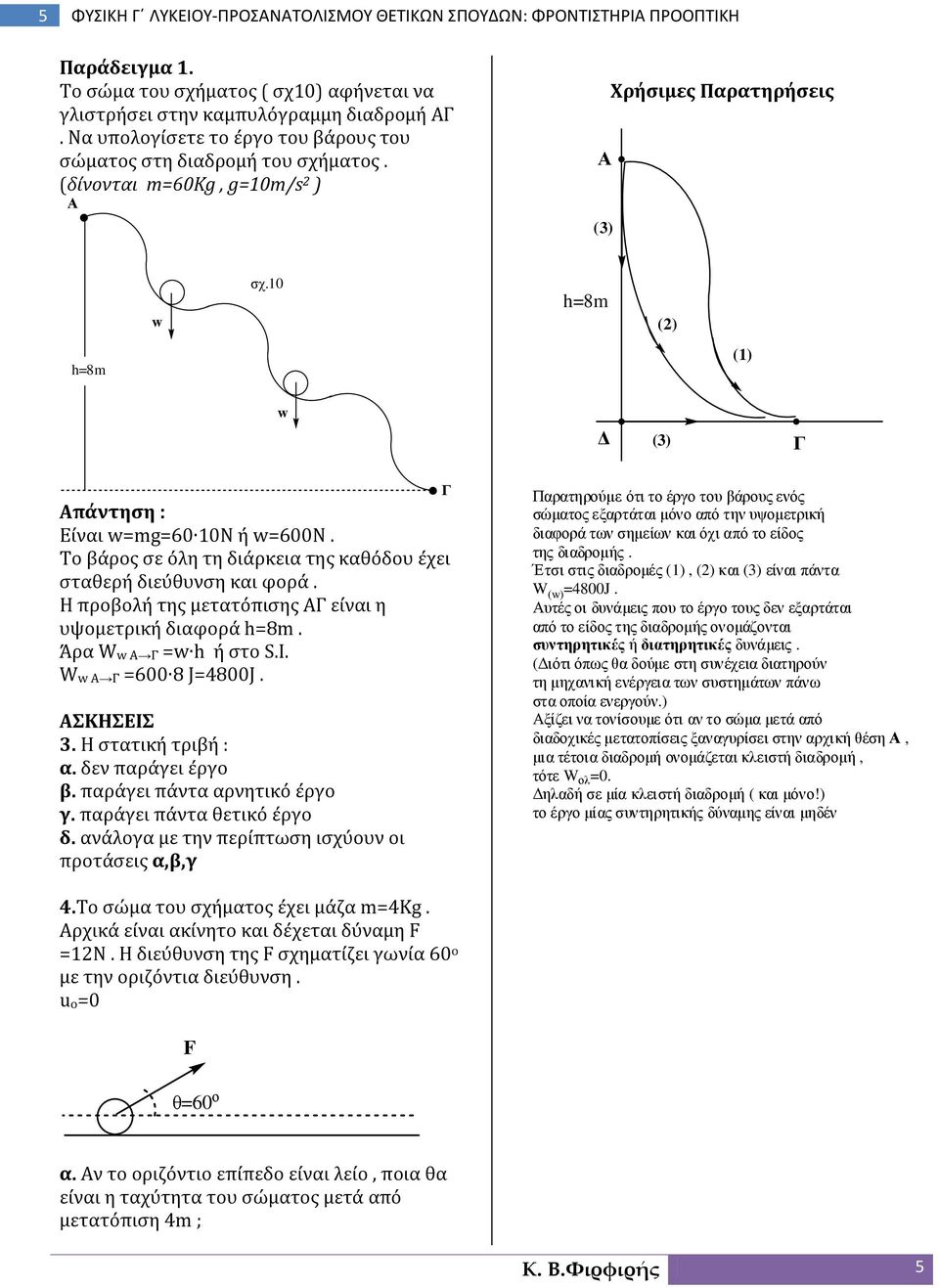Το βάρος σε όλη τη διάρκεια της καθόδου έχει σταθερή διεύθυνση και φορά. Η προβολή της μετατόπισης ΑΓ είναι η υψομετρική διαφορά h=8m. Άρα Ww A Γ =w h ή στο S.I. Ww A Γ =600 8 J=4800J. ΑΣΚΗΣΕΙΣ 3.