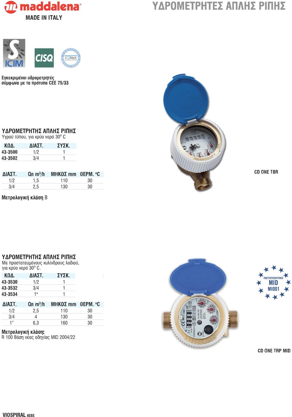 ο C 1/2 1,5 110 30 3/4 2,5 130 30 CD ONE TBR μετρολογική κλάση Β ΥΔΡΟΜΕΤΡΗΤΗΣ ΑΠΛΗΣ ΡΙΠΗΣ Με προστατευμένους κυλίνδρους λαδιού, για κρύο νερό