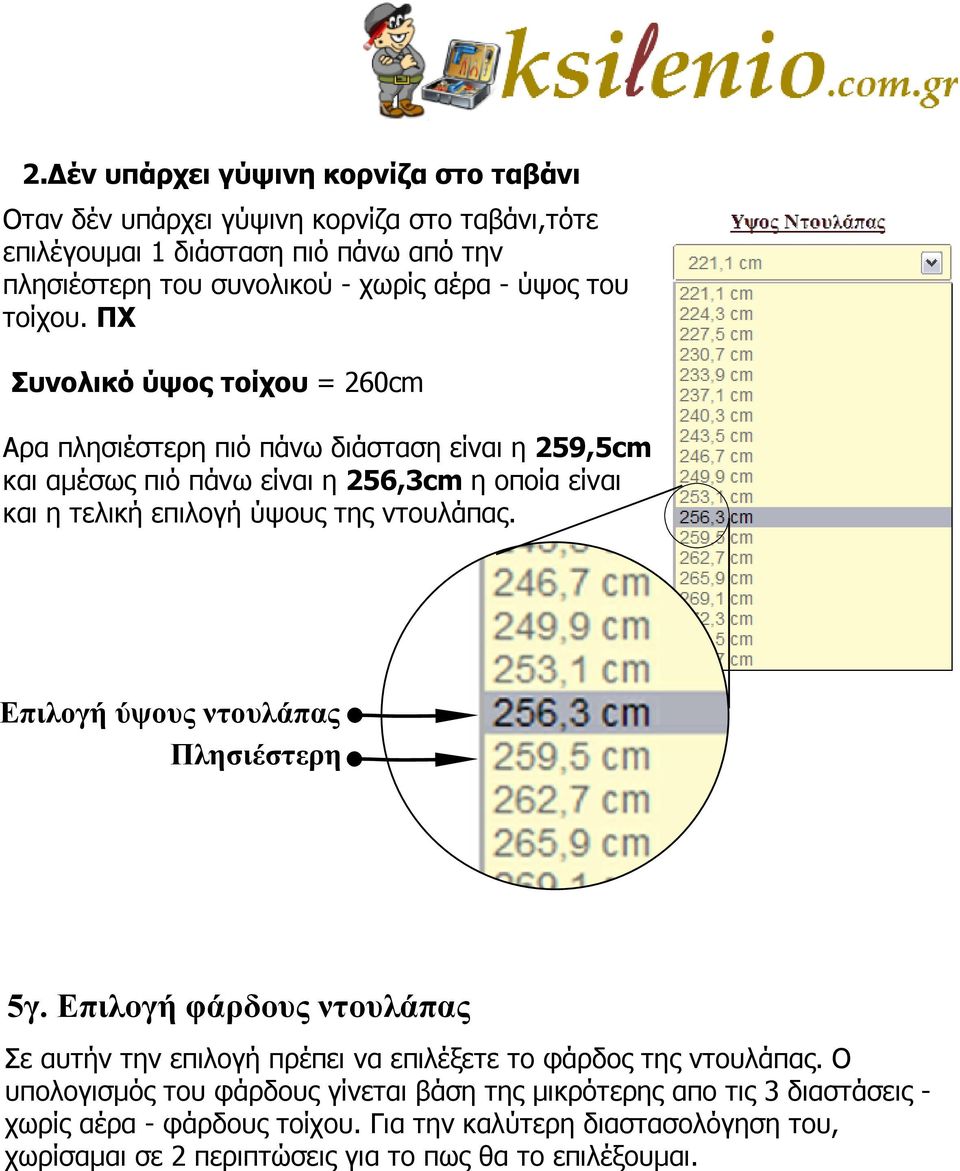 ΠΧ Συνολικό ύψος τοίχου = 260cm Αρα πλησιέστερη πιό πάνω διάσταση είναι η 259,5cm και αμέσως πιό πάνω είναι η 256,3cm η οποία είναι και η τελική επιλογή ύψους της ντουλάπας.