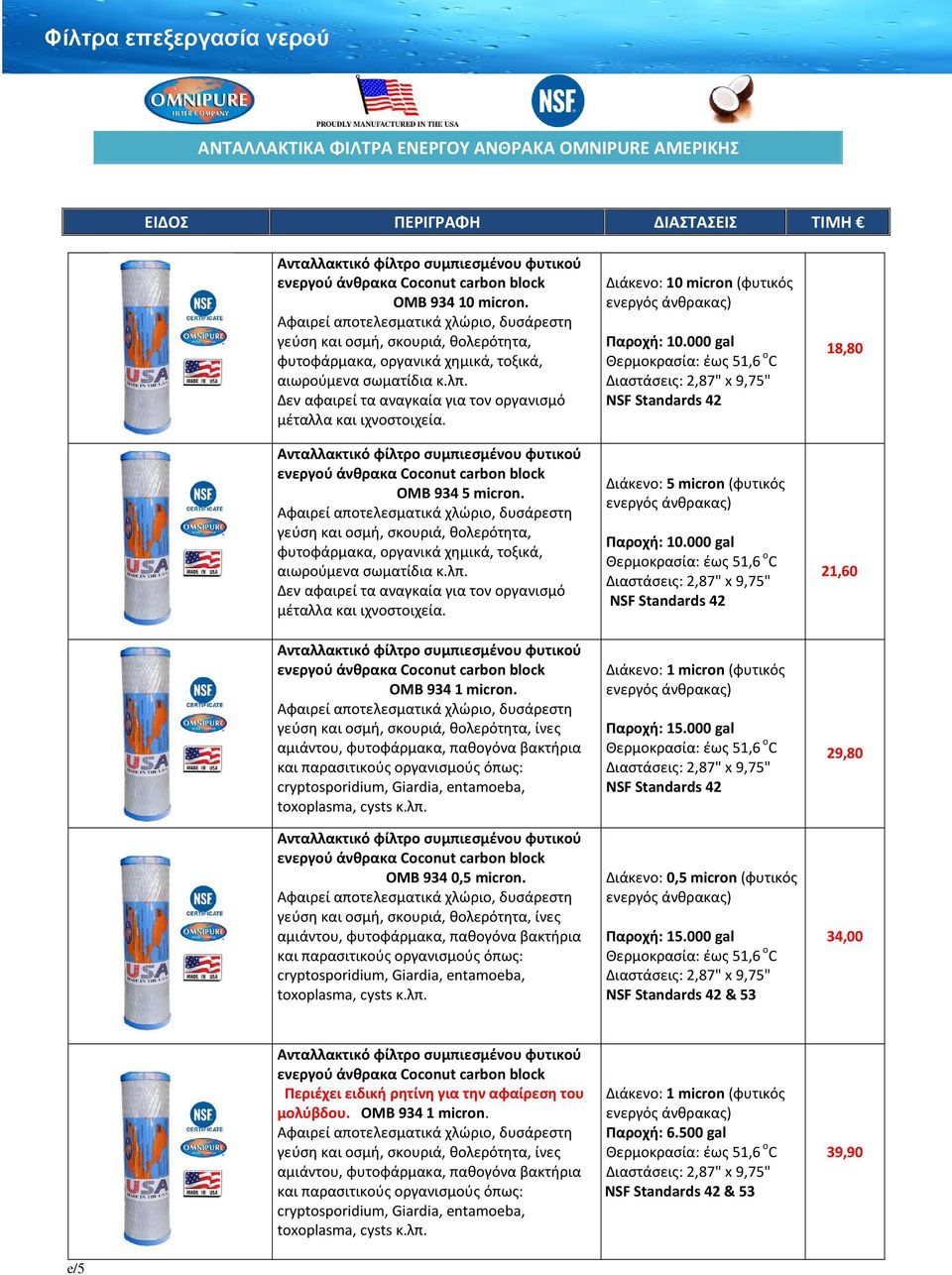 Δεν αφαιρεί τα αναγκαία για τον οργανισμό μέταλλα και ιχνοστοιχεία. Ανταλλακτικό φίλτρο συμπιεσμένου φυτικού ενεργού άνθρακα Coconut carbon block OMB 934 5 micron.