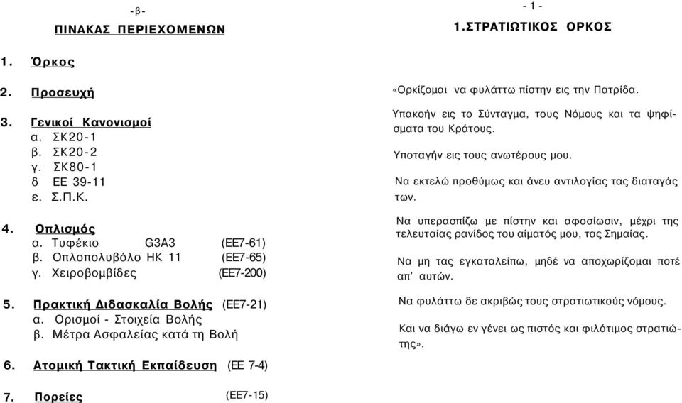 Υπακοήν εις το Σύνταγμα, τους Νόμους και τα ψηφίσματα του Κράτους. Υποταγήν εις τους ανωτέρους μου. Να εκτελώ προθύμως και άνευ αντιλογίας τας διαταγάς των.