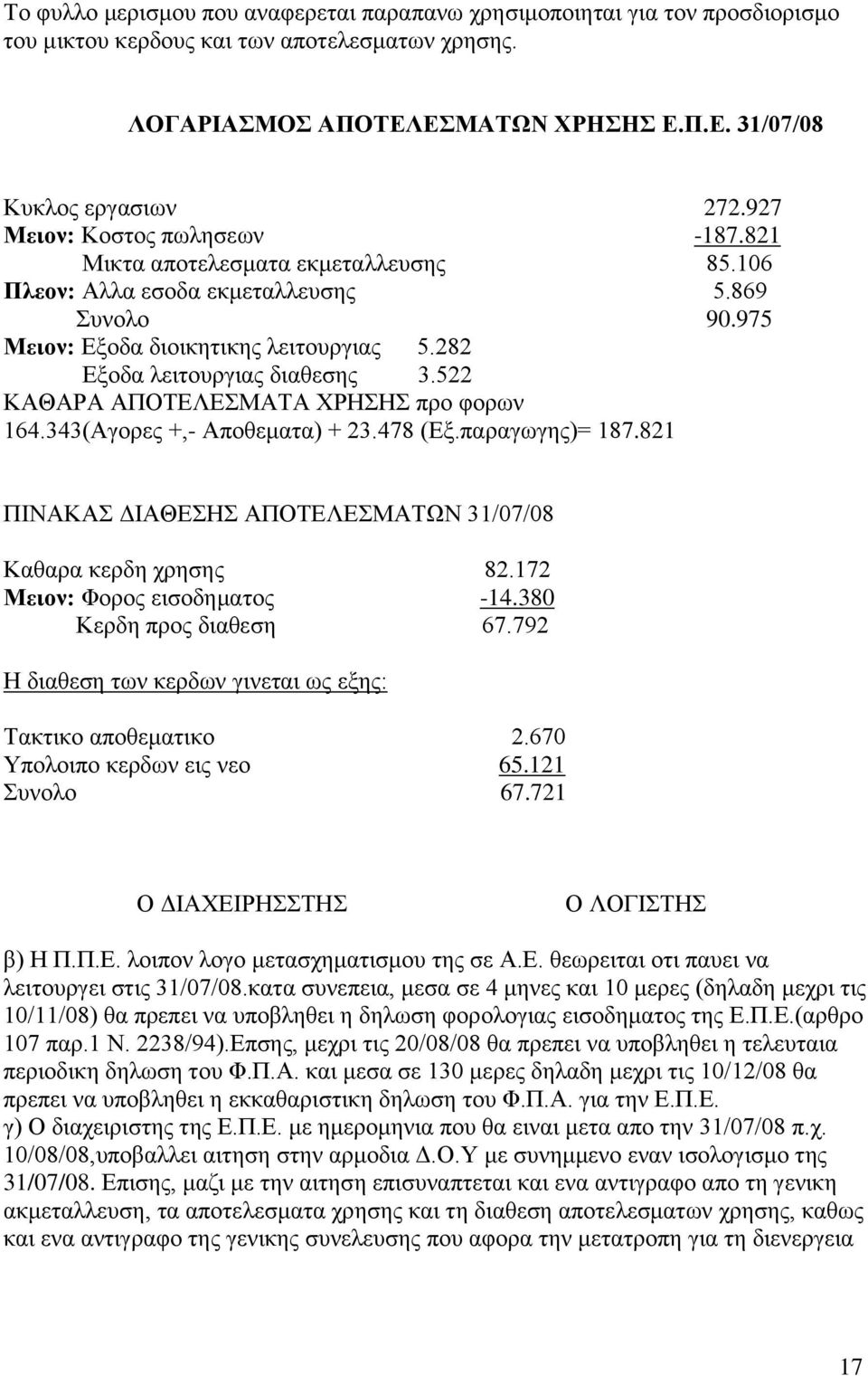 522 ΚΑΘΑΡΑ ΑΠΟΤΕΛΕΣΜΑΤΑ ΧΡΗΣΗΣ προ φορων 164.343(Αγορες +,- Αποθεματα) + 23.478 (Εξ.παραγωγης)= 187.821 ΠΙΝΑΚΑΣ ΔΙΑΘΕΣΗΣ ΑΠΟΤΕΛΕΣΜΑΤΩΝ 31/07/08 Καθαρα κερδη χρησης 82.172 Μειον: Φορος εισοδηματος -14.