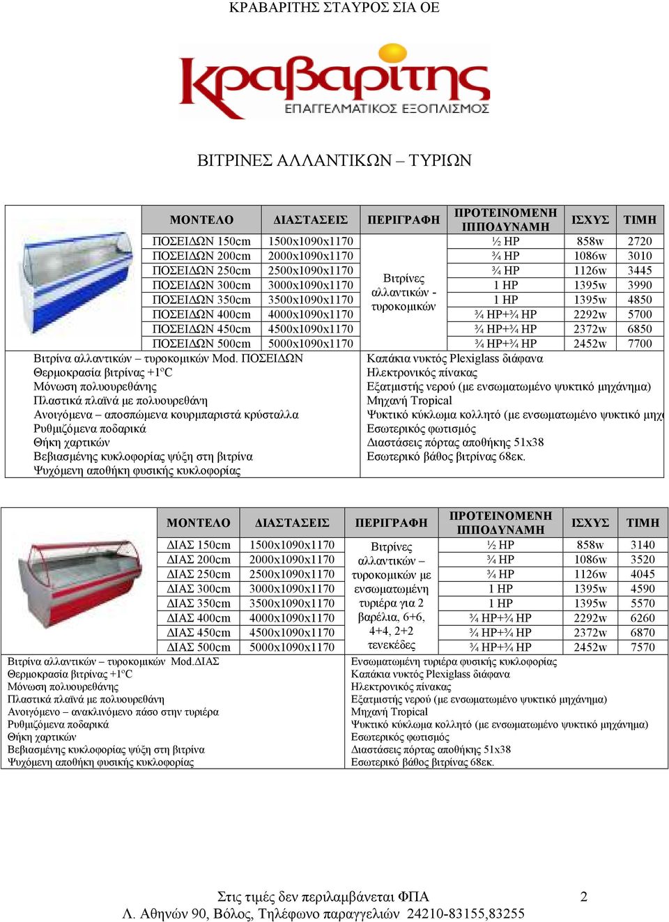 2292w 5700 ΠΟΣΕΙ ΩΝ 450cm 4500x1090x1170 ¾ HP+¾ HP 2372w 6850 ΠΟΣΕΙ ΩΝ 500cm 5000x1090x1170 ¾ HP+¾ HP 2452w 7700 αλλαντικών τυροκοµικών Mod.