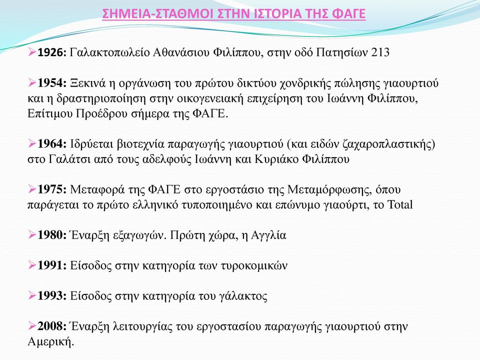 1964: Ιδρύεται βιοτεχνία παραγωγής γιαουρτιού (και ειδών ζαχαροπλαστικής) στο Γαλάτσι από τους αδελφούς Ιωάννη και Κυριάκο Φιλίππου 1975: Μεταφορά της ΦΑΓΕ στο εργοστάσιο της