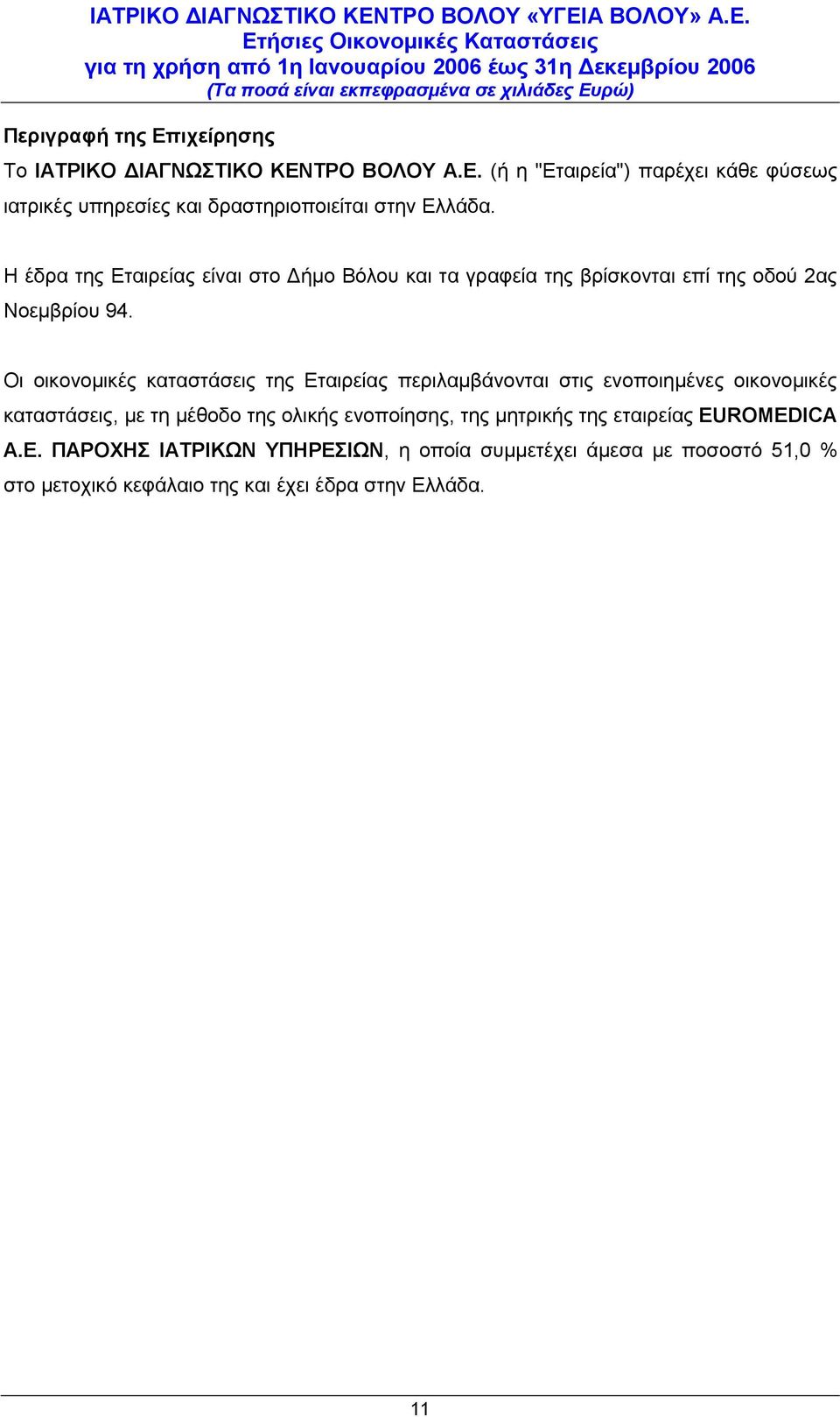 Η έδρα της Εταιρείας είναι στo Δήμο Βόλου και τα γραφεία της βρίσκονται επί της οδού 2ας Νοεμβρίου 94.