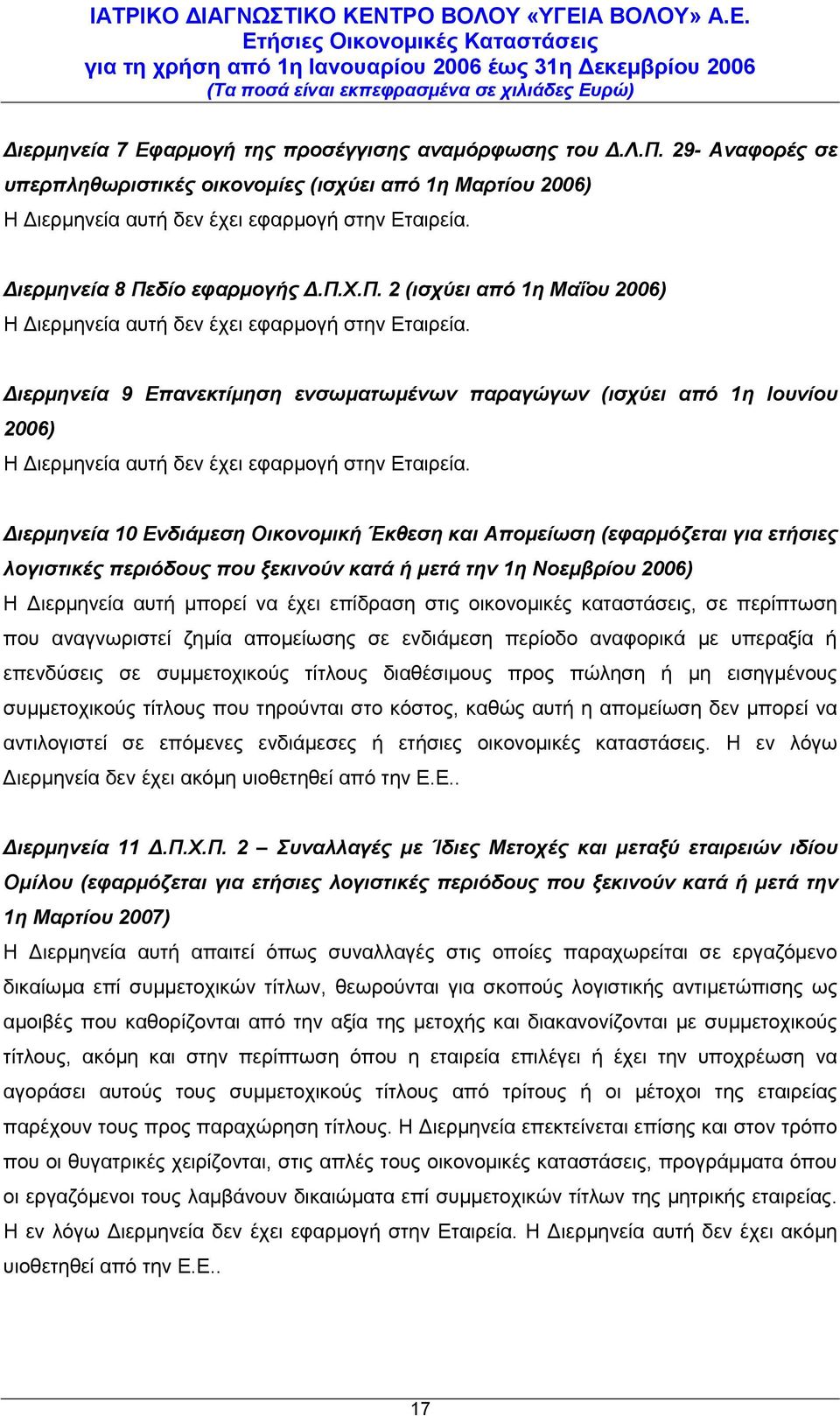 Διερμηνεία 9 Επανεκτίμηση ενσωματωμένων παραγώγων (ισχύει από 1η Ιουνίου 2006) Η Διερμηνεία αυτή δεν έχει εφαρμογή στην Εταιρεία.
