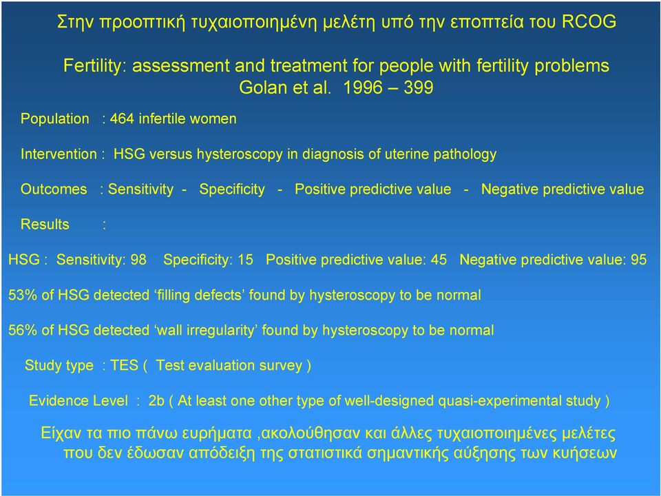 predictive value Results : HSG : Sensitivity: 98 Specificity: 15 Positive predictive value: 45 Negative predictive value: 95 53% of HSG detected filling defects found by hysteroscopy to be normal 56%