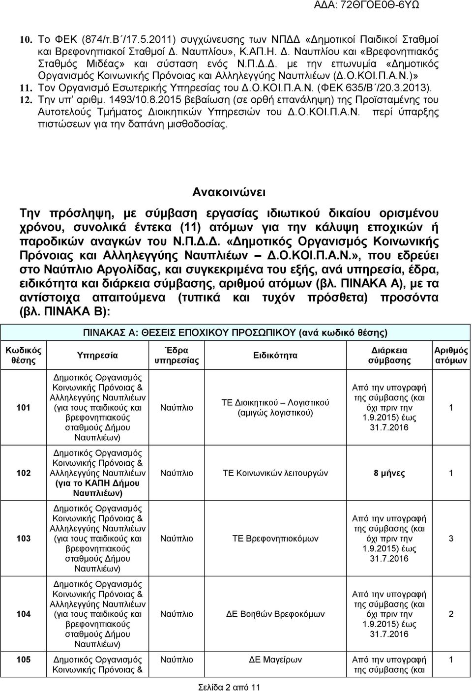 2015 βεβαίωση (σε ορθή επανάληψη) της Προϊσταμένης του Αυτοτελούς Τμήματος Διοικητικών Υπηρεσιών του Δ.Ο.ΚΟΙ.Π.Α.Ν. περί ύπαρξης πιστώσεων για την δαπάνη μισθοδοσίας.