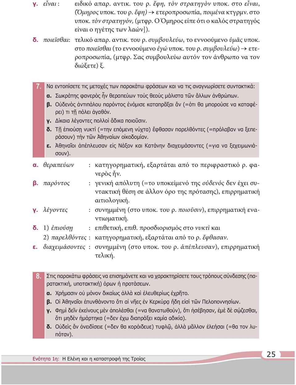 Σας συμβουλεύω αυτόν τον άνθρωπο να τον διώξετε) ξ. 7. Να εντοπίσετε τις μετοχές των παρακάτω φράσεων και να τις αναγνωρίσετε συντακτικά: α.