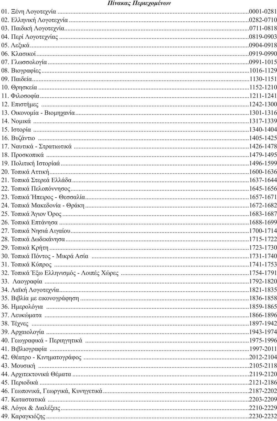 ..1301-1316 14. Νομικά...1317-1339 15. Ιστορία...1340-1404 16. Βυζάντιο...1405-1425 17. Ναυτικά - Στρατιωτικά...1426-1478 18. Προσκοπικά...1479-1495 19. Πολιτική Ιστορίαά...1496-1599 20.