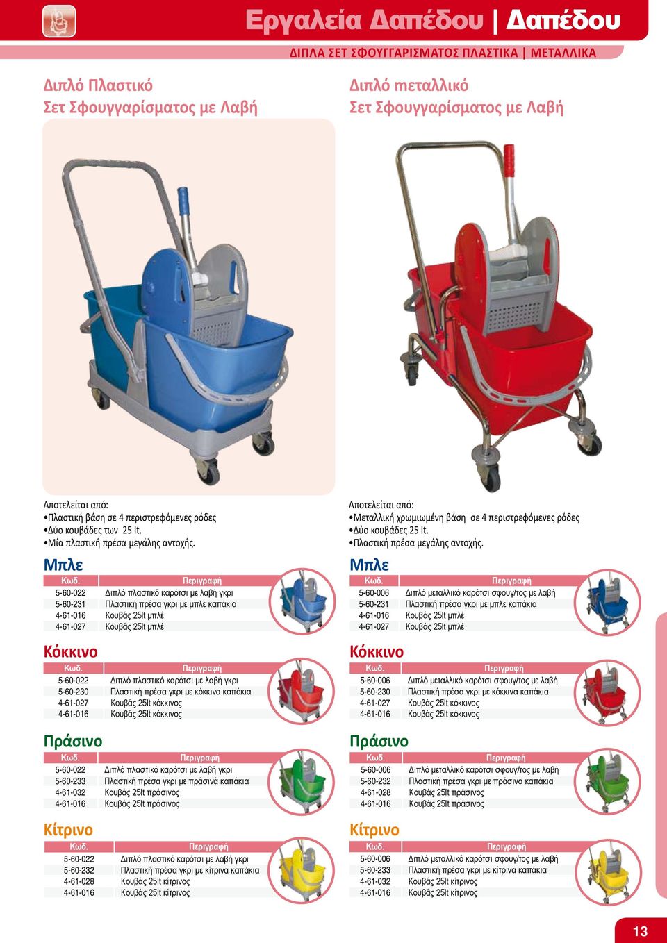 Μπλε 5-60-022 Διπλό πλαστικό καρότσι με λαβή γκρι 5-60-231 Πλαστική πρέσα γκρι με μπλε καπάκια 4-61-016 Κουβάς 25lt μπλέ 4-61-027 Κουβάς 25lt μπλέ Κόκκινο 5-60-022 Διπλό πλαστικό καρότσι με λαβή γκρι