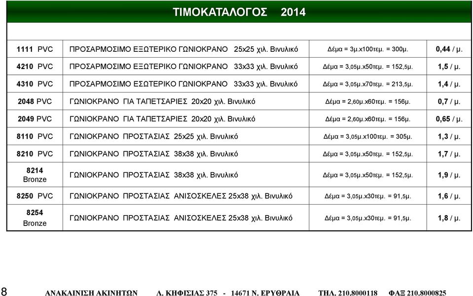 0,7 / μ. 2049 ΓΩΝΙΟΚΡΑΝΟ ΓΙΑ ΤΑΠΕΤΣΑΡΙΕΣ 20x20 χιλ. Βινυλικό Δέμα = 2,60μ.x60τεμ. = 156μ. 0,65 / μ. 8110 ΓΩΝΙΟΚΡΑΝΟ ΠΡΟΣΤΑΣΙΑΣ 25x25 χιλ. Βινυλικό Δέμα = 3,05μ.x100τεμ. = 305μ. 1,3 / μ.