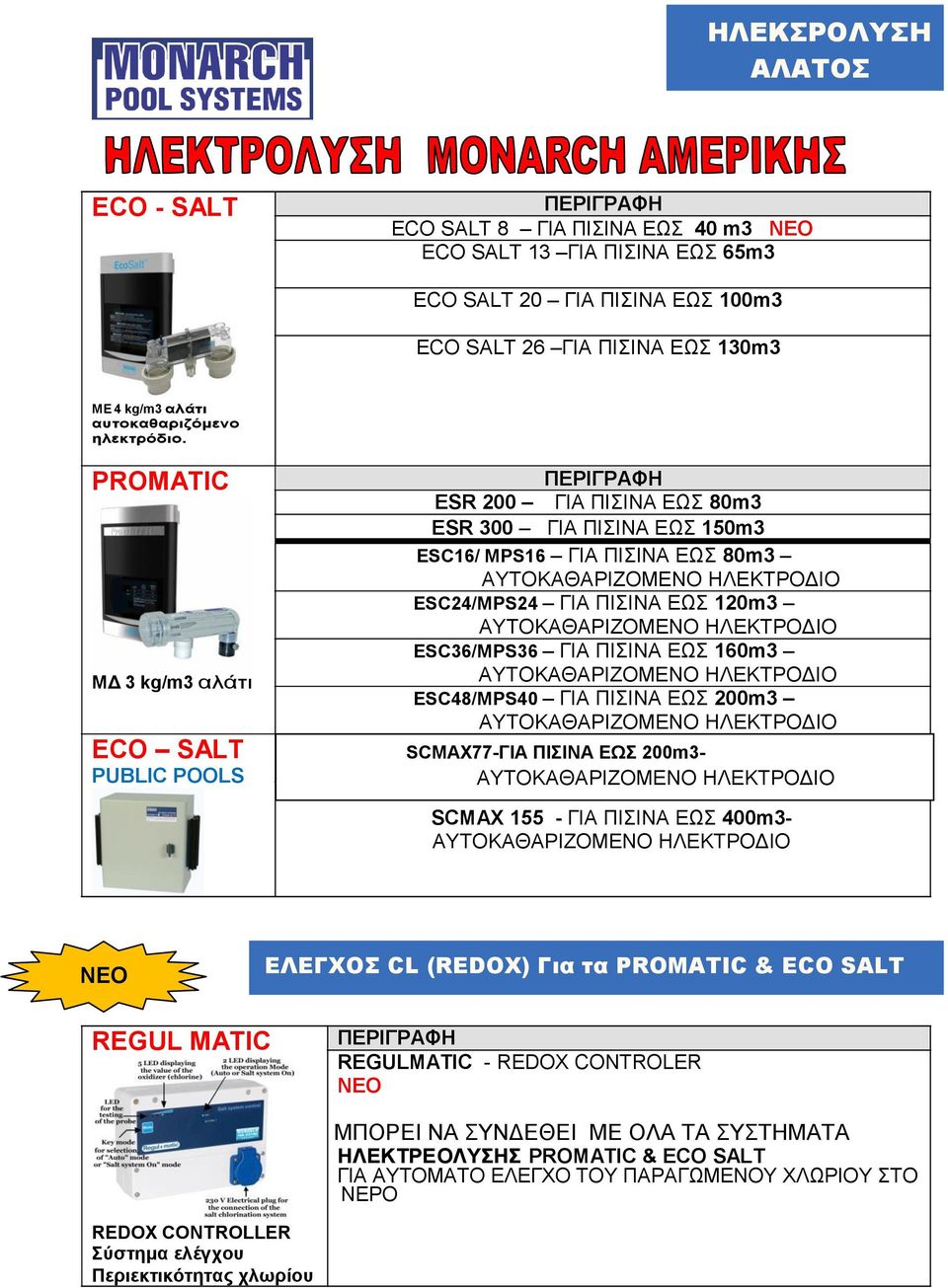 PROMATIC ΜΔ 3 kg/m3 αλάτι ECO SALT PUBLIC POOLS ESR 200 ΓΙΑ ΠΙΣΙΝΑ ΕΩΣ 80m3 ESR 300 ΓΙΑ ΠΙΣΙΝΑ ΕΩΣ 150m3 ESC16/ MPS16 ΓΙΑ ΠΙΣΙΝΑ ΕΩΣ 80m3 ESC24/MPS24 ΓΙΑ ΠΙΣΙΝΑ ΕΩΣ 120m3 ESC36/MPS36 ΓΙΑ ΠΙΣΙΝΑ