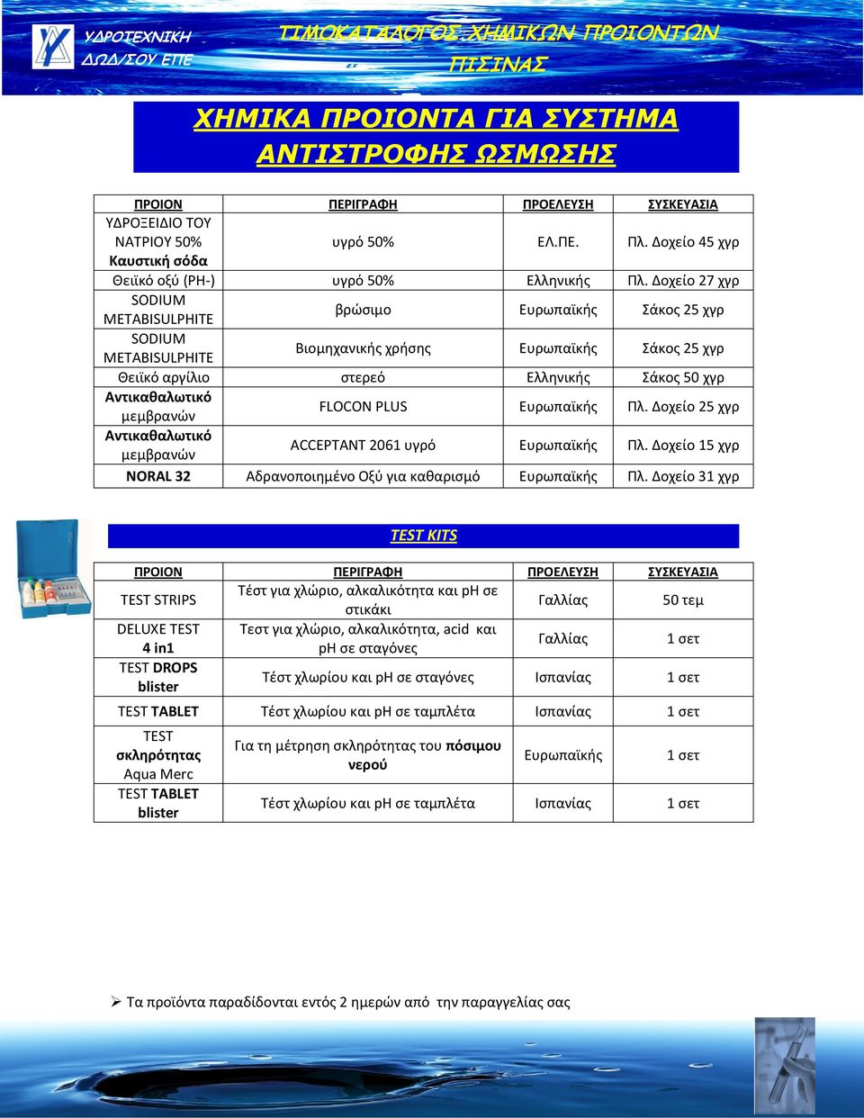 μεμβρανών FLOCON PLUS Ευρωπαϊκής Πλ. Δοχείο 25 χγρ Αντικαθαλωτικό μεμβρανών ACCEPTANT 2061 υγρό Ευρωπαϊκής Πλ. Δοχείο 15 χγρ NORAL 32 Αδρανοποιημένο Οξύ για καθαρισμό Ευρωπαϊκής Πλ.