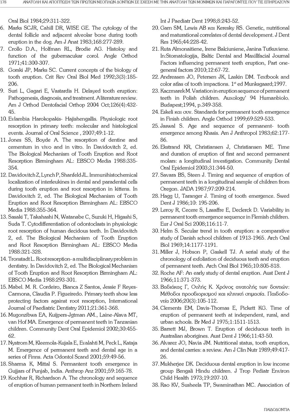 Histoloy and function of the gubernacukar corol. Angle Orthod 1971;41:300-307. 8. Gorski JP, Marks SC. Current concepts of the biology of tooth eruption. Crit Rev Oral Biol Med 1992;3(3):185-206. 9.